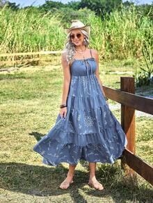 Breezaya 女士西部风格前系带旭日图案吊带牛仔中长连衣裙 - 藍色 - 查看 5