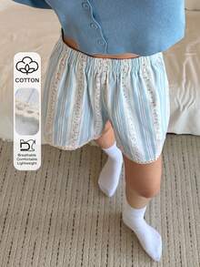 DAZY Calça Curta Solta de Pijama com Estampa Listrada para Mulheres - Azul - Visão 3