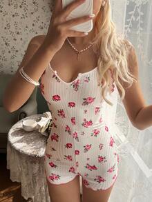 SHEIN 印花荷叶边吊带女士连体裤 - 粉色 - 查看 3