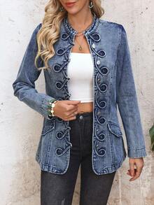 EMERY ROSE Women's Casual Washed Single-Breasted Denim Jacket, Autumn - Blue - View 7