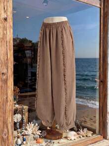 EMERY ROSE 大码休闲纯色荷叶边裤 - 駝色 - 查看 3