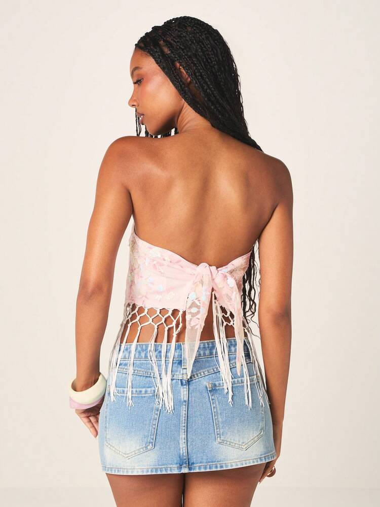MISSGUIDED Sequin Embellished Strapless Bandeau Top With Crochet Fringe Detail And Tie Back Closure For Summer Festival Season