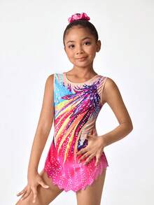 SHEIN Tween Girls Sleeveless Printed Leotard, Soft & Skin-Friendly, Snug Fit Design To Prevent Exposure, Suitable For Sports, Gymnastics, Dance Competitions, All Seasons - Orange - View 3