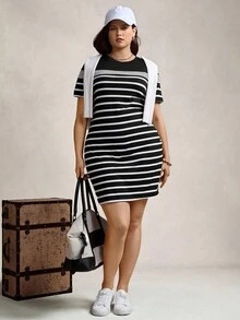Zelara Plus Size Round Neck Striped & Printed Casual Summer Short Sleeve Dress - Black - View 3