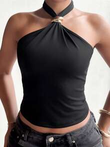 leahseptember Fall/Autumn/Winter/Back To School/Country Concert/Concert Halter Top For Women/Going Out/Birthday/Halloween Costumes/Casual/Y2k/2000s/Y2k Y2k/90S/Sexy/Western Wear Women/Boho/Country/Club/Office /Cocktail/Vintage/Bodycon/Rave Festival/Funny/Classy/Old Money/Streetwear/Vacation/Country Concert/Work /Modest/Spring Break/Bachelorette/Concert/Basic/Graduation/Halloween/Tube/White Top - Black - View 4
