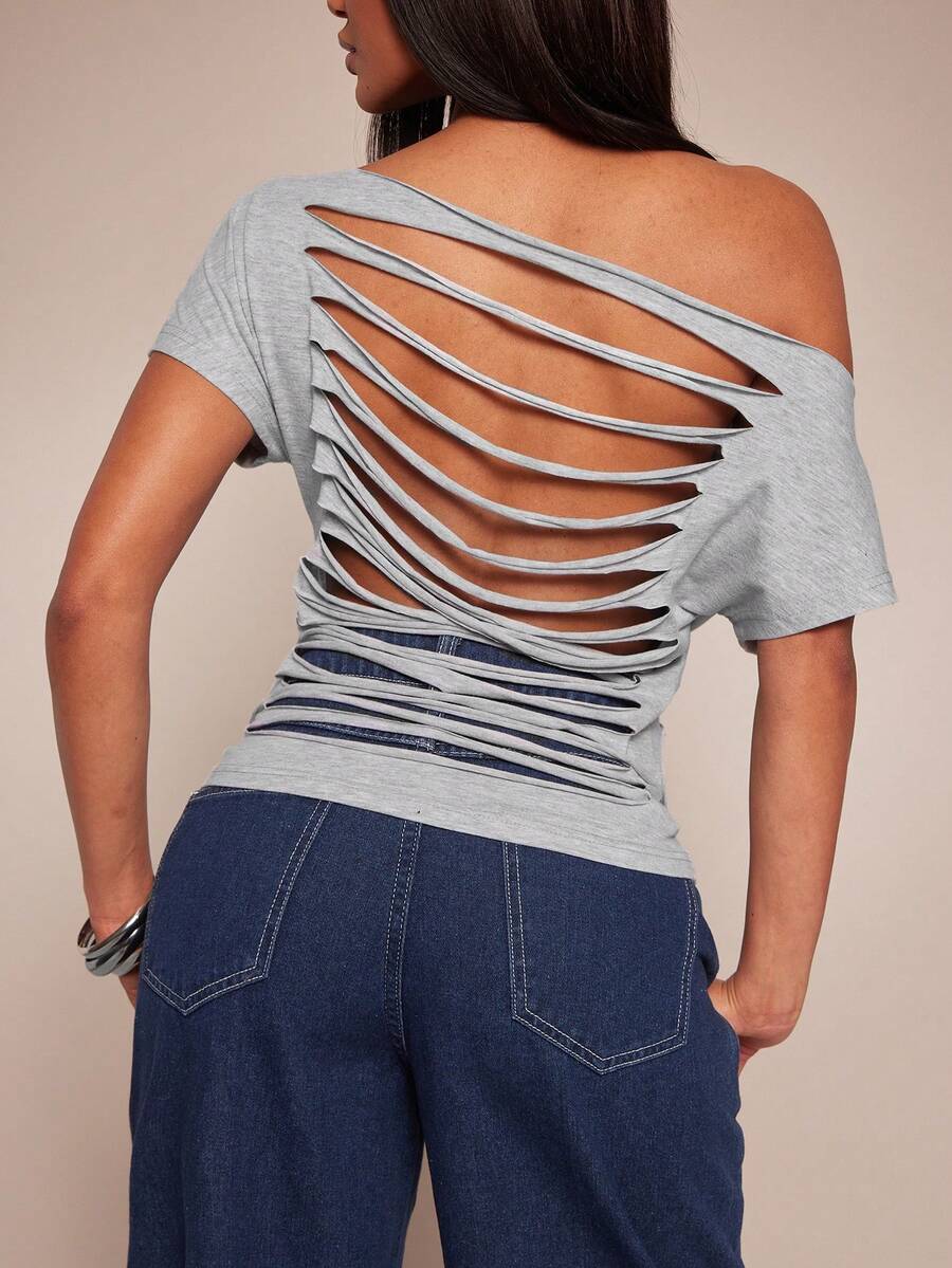 Radiana Women's Casual Sleeveless Top With Asymmetric Ripped Slogan Print, Fashionable Street Style For Spring/Summer - Grey - View 1