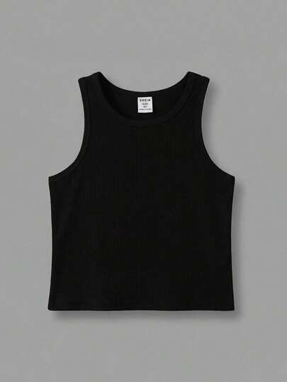 SHEIN Blusa de niña de unicolor de punto acanalado, blusa de niña de unicolor minimalista y versátil de moda casual