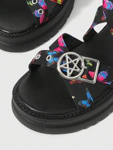 Sugerpunk Dép xăng đan nữ màu đen kiểu La Mã, dép xăng đan dự tiệc phong cách punk rock dây xích tối màu, dép xăng đan hở mũi đính đinh tán kiểu gothic đế xuồng cao gót, giày dép đi nghỉ mát. - Màu hoa nơ bướm - Xem 8