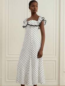 BELROSIE French Retro White With Black Polka Dots Ruffle Contrast Lace Hem Flared Skirt, Adjustable Straps Versatile Romantic Elegant Dress Garden Party - White - View 5
