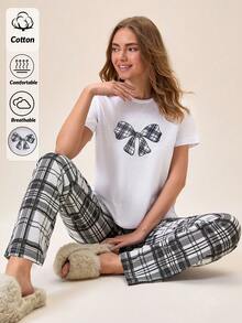 Loomlin Plaid Bowknot Print Short Sleeve & Long Pants Women Pajama Set - Black and White - View 1