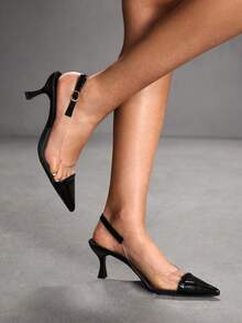 CUCCOO SZL Tacones de aguja con puntera transparente de TPU, tacón de stiletto elegante para ir al trabajo/fiesta/paseo, color albaricoque. Zapatos de tacón alto tipo slingback para damas para Navidad - Negro - Ver 4