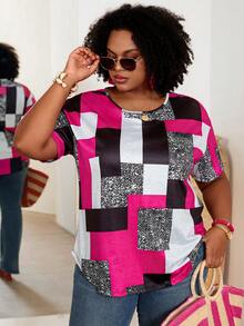 BrightlyHer Plus Size Summer Casual Contrast Color Print Short Sleeve T-Shirt - Hot Pink - View 4