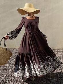 DAZY Women's Square Neck Long Sleeve Bohemian Style Elegant Cinched Waist Waist Dress, Vacation Vibe Maxi Dress Sundress Boho - Brown - View 5