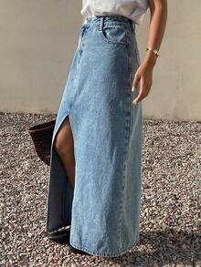 DAZY Women's Regular Waist Slit Skirt, Casual Elegant Denim A-Line Skirt - Medium Wash - View 7