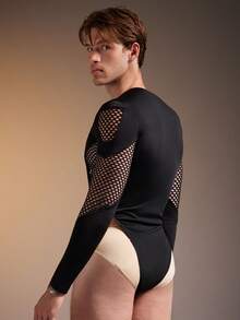 FeverCity Mono ajustado de manga larga y malla negra sexy para hombre - Negro - Ver 4