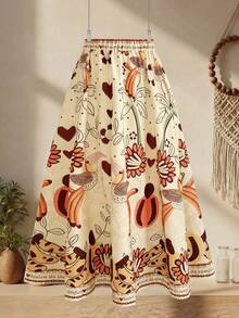 GlowEve CURVE Gonna a-line elegante con stampa floreale, adatta per primavera ed estate, taglie comode - Albicocca - Visualizzare 2