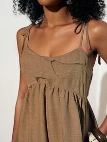 Zivah 2026 休闲亚麻度假风细带踝带阔腿宽松长款连体裤，深卡其色 - 卡其色 - 查看 9