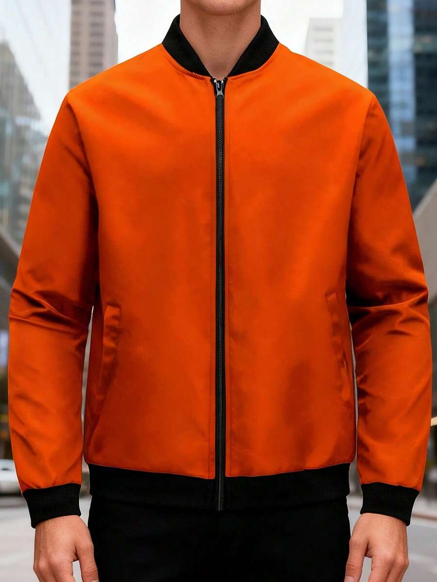 Manfinity Homme 男士棒球领拉链休闲百搭日常长袖外套 - 橘色 - 查看 1