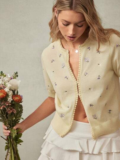 WESTFADE 圆领花卉刺绣短袖混色泡泡针开衫毛衣，适合春季、度假、夏季、海滩、音乐节、乡村音乐节、科切拉音乐节、休闲、可爱、波西米亚风、纳什维尔、牛仔、牛仔竞技、乡村音乐会等场合，女士西部风格服饰。