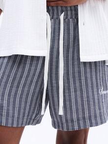 SUMWON Men's Striped Curve Hem Casual Summer Shorts With Drawstring Waist And Side Pockets Relaxed Fit Vacation Wear - Blue and White - View 6