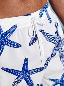 Manfinity VDAYZ Quần short đi biển cỡ lớn dành cho nam, in hình sao biển, có dây rút ở eo. - Màu xanh lam - Xem 4