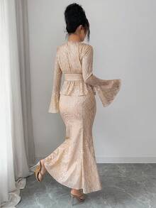 DAZY 女士优雅印花V领喇叭袖上衣和鱼尾裙两件套，春夏款 - 粉色 - 查看 2