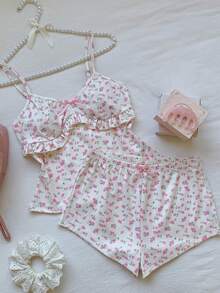 Comfortcana Cute White And Pink Floral Print Ruffle Trim Camisole Top And Shorts Set,Women's Summer Lounge Knit Soft Pajama Set,Elegant Beach Vacation Outfits - Multicolor - View 3