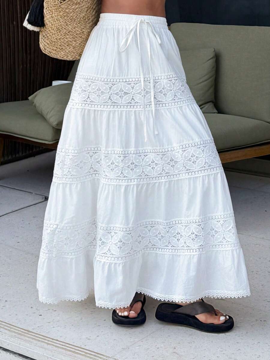 DAZY 女士优雅蕾丝拼接松紧腰半身裙，夏季 - 米色 - 查看 1