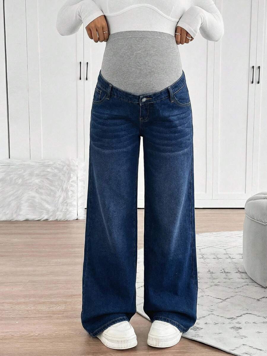 SHEIN 孕妇休闲日常通勤针织托腹宽松阔腿牛仔裤 - 深色水洗藍 - 查看 1