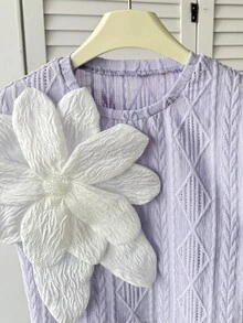 SHEIN Tween Girls' Casual Elegant Rhinestone Handmade 3D Floral Decor Round Neck Raglan Sleeve Textured Loose Knit T-Shirt Lilac Girls Top Girls Flower Shirt Textured Jacquard Sweater Short Sleeve,Kids - Mauve Purple - View 4