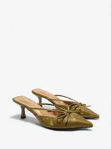 欧美风格穆勒鞋，女士尖头蝴蝶结一脚蹬凉鞋，低帮边饰高跟鞋，秋季情人节 - 綠色 - 查看 2