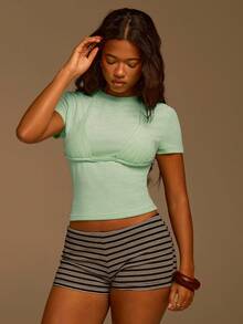 Athîral Women's Mint Green,Summer,Elegant,Y2k,Night Out 2 In 1 T-Shirt Top,Bikini Decorative Design Light Green Crop Top,Casual Vacation Spring Break Top - Green - View 5