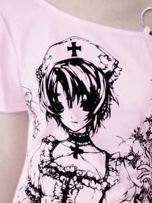 ROMWE Anime Áo thun nữ tay ngắn xếp ly co giãn họa tiết dây leo hoạt hình Millennium - Màu Hồng baby - Xem 3