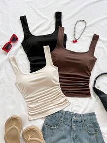 Soleia 春夏新款休闲度假西部海滩婚礼宾客着装毕业早午餐圣帕特里克节春假复活节音乐节优雅波西米亚热带风情女式方领褶皱针织背心约会情人节 - 彩色 - 查看 1