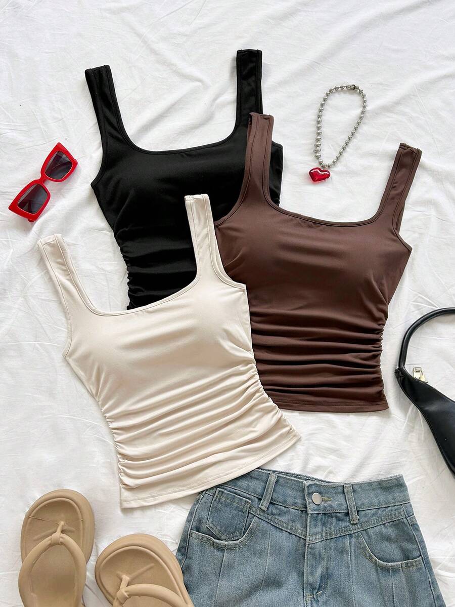 Soleia 春夏新款休闲度假西部海滩婚礼宾客着装毕业早午餐圣帕特里克节春假复活节音乐节优雅波西米亚热带风情女式方领褶皱针织背心约会情人节 - 彩色 - 查看 1