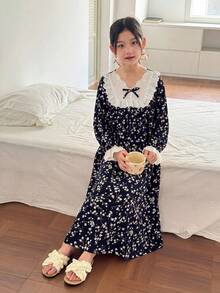青少年女孩黑色碎花荷葉邊V領長袖寬鬆休閒睡裙，仙女風夏季居家晚間睡衣長款睡袍 - 藍白色 - 查看 6