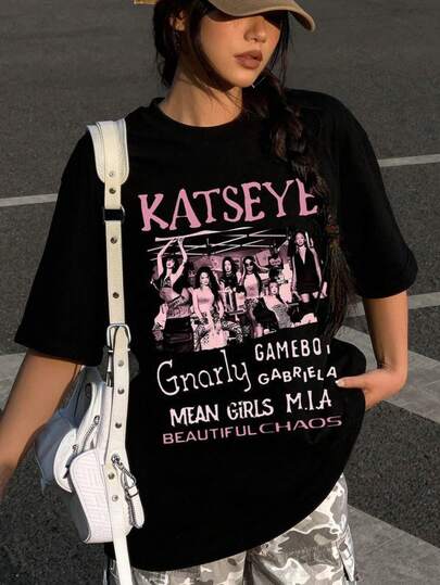 EMERY ROSE Spring And Autumn Round Neck Short Sleeves For Girls - KATSEYE Members - Printed Pattern Design Round Neck T-Shirt, Pattern T-Shirt Pullover, Suitable For Giving Gifts To Children For Back To School, Parties, Outdoors, Travel Wear Fun, Suitable For All Seasons And Daily Wear, Summer Outfits