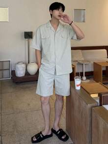 Bộ áo sơ mi ngắn tay và quần short nam, màu xám, thích hợp cho mùa hè. - Xám - Xem 5