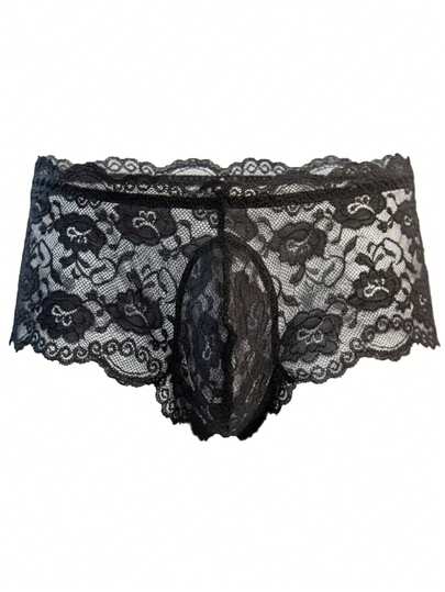 DrisQ Plus Size Men's Black Sheer Sexy Lace Comfortable Low-Rise Briefs, Single Pack