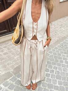 Serisse 女士度假休闲条纹露背吊带上衣和裤子两件套 - 彩色 - 查看 5