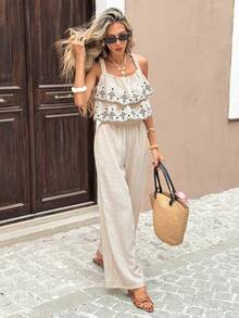 Conjunto de 2 piezas de camiseta de tirantes con bordado floral y volantes, y pantalones de pierna ancha, para vacaciones - Multicolor - Ver 5