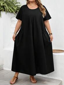 SHEIN CURVE+ Curve 尺码 US22 音乐节、海滨度假、波西米亚风女士纯色长款双口袋休闲沙滩裙 - 黑色 - 查看 7