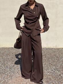 DAZY Bộ đồ nữ thường ngày gồm áo sơ mi cổ bẻ và quần ống rộng màu trơn, thích hợp cho mùa xuân/hè. - Cà phê nâu - Xem 3