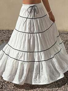 DAZY Women's Contrast Color Ribbon Skirt, Elegant Resort Style Summer - White - View 5