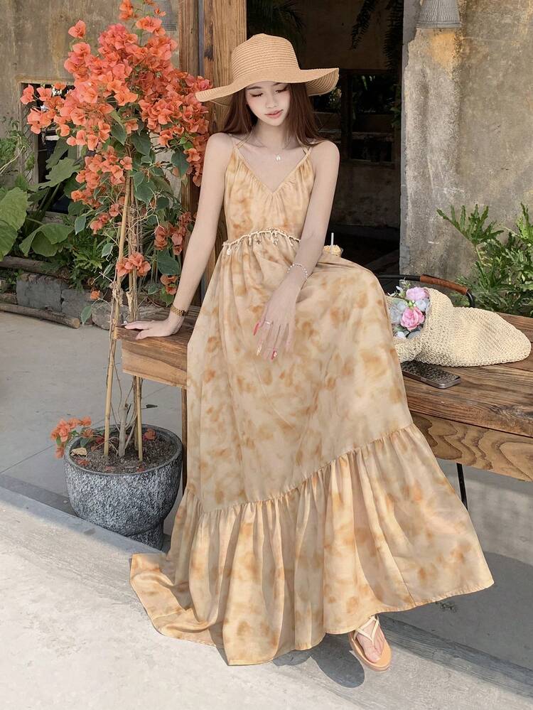 Women's V-Neck Long Sleeve Printed Beaded Splice Vacation Style Maxi Slip Dress Sundress Summer Boho