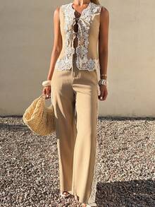 DAZY Women's 2 Pieces Lace Patchwork Casual Outfit For Summer Holiday Lounge Sets For Women - Apricot - View 1