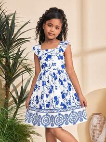 SHEIN 少女休闲度假风碎花荷叶边荷叶袖露背蝴蝶结装饰腰部喇叭裙 - 藍白色 - 查看 3