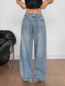 SHEIN Tall 夏季女款閃亮菱形水鑽裝飾直筒牛仔褲，適合節慶，高個女款 - 藍色 - 查看 8
