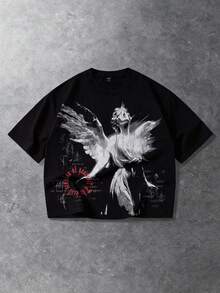 ROMWE MEN 男士休闲圆领短袖T恤，印有标语和天使图案，春夏款 - 黑色 - 查看 1