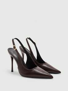 CUCCOO BIZCHIC 女士深棕色蛇纹尖头鞋，细高跟，金色搭扣装饰，复古优雅通勤约会鞋 - 深棕色 - 查看 4